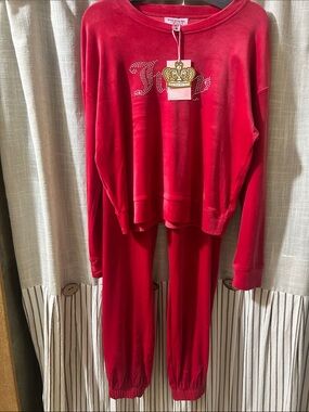 Juicy Couture Women’s Red Velour Jogging Suit with Logo Rhinestones